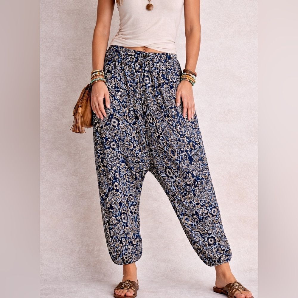 New Fast Blue Floral Drop Crotch Harem Pants Size L Boho Viscose